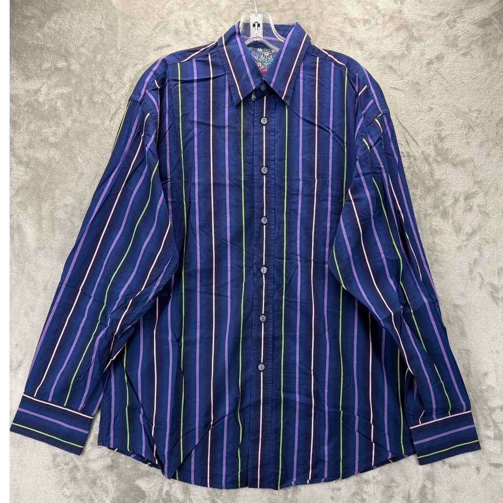 Bugatchi Uomo Mens M Navy Blue Striped Button Down Shirt Floral Trim Cotton